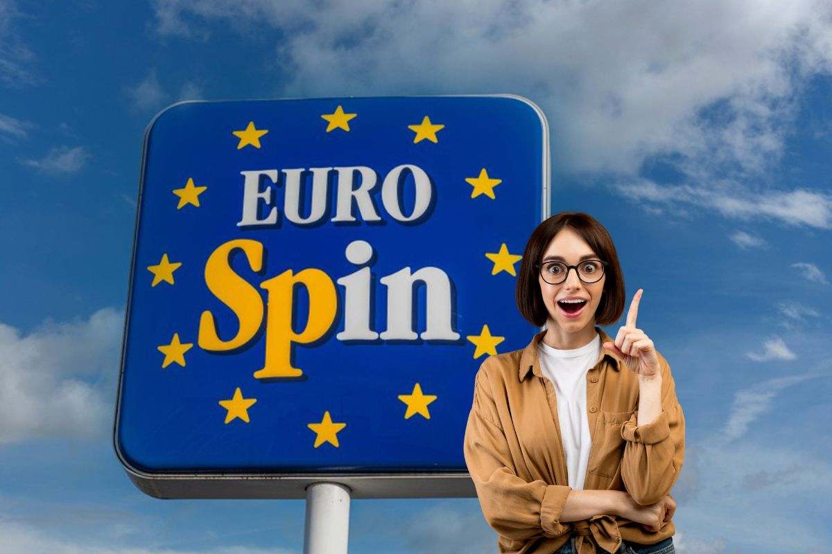 la scritta eurospin e una ragazza soddisfatta